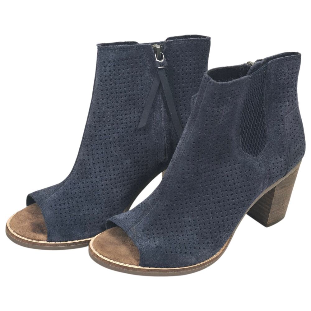 Toms Majorca Womens Sz 6 Peep Toe Suede Blue Block Heel Booties Coastal Cowgirl